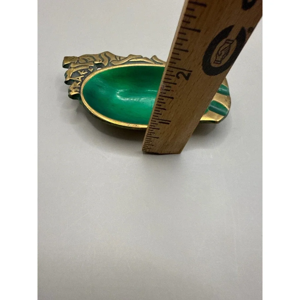 Vintage Israel Brass and Green Enamel Trinket Dish Ashtray Ornate Relief 4in - Picture 7 of 8